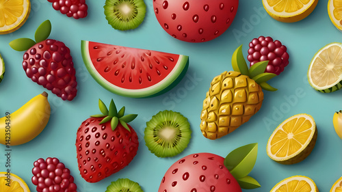 Fruit icon 3d cartoon vector set. Strawberry, cherry, watermelon, lemon, pineapple, raspberry, banana
