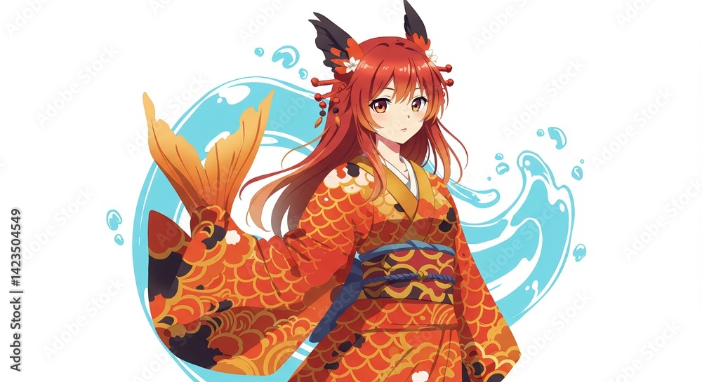 Fototapeta premium オレンジ色の着物を着た女性のイラスト, キャラクターデザイン, ウェブサイト用