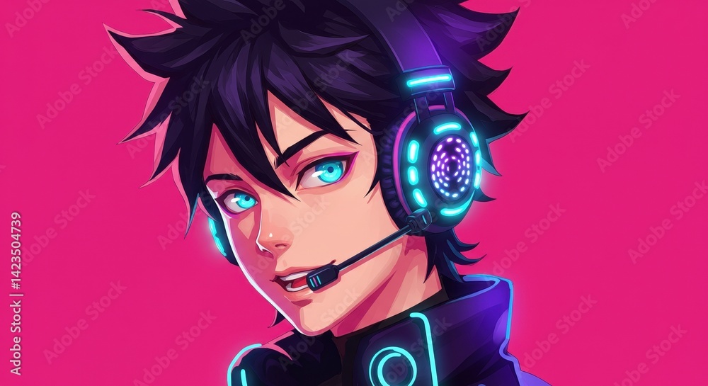 Obraz premium ヘッドセットを着けて微笑む若い男性, 明るいピンクの背景にゲーム配信のコンセプトとコピースペース付き