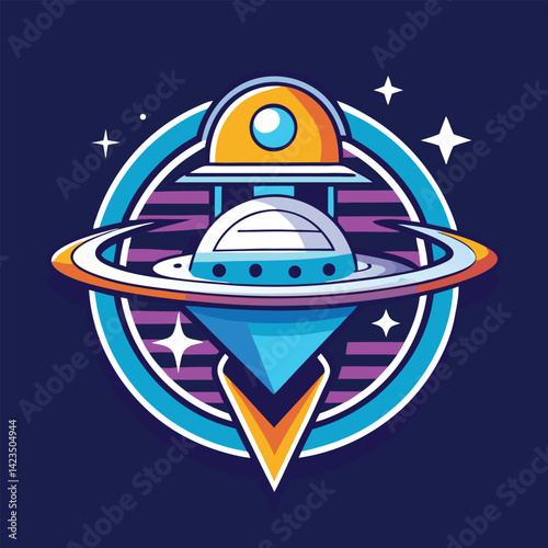 Cosmic vector logo design depicting a futuristic spacecraft for a space technology company with vibrant colors and dynamic shapes emphasizing innovation and exploration of the universe