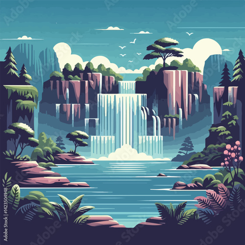 beautiful waterfall scenery vector image