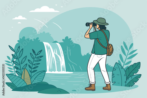 A lone traveler, backpack visible, photographs a majestic waterfall from behind, showcasing the cascading water and lush surroundings.