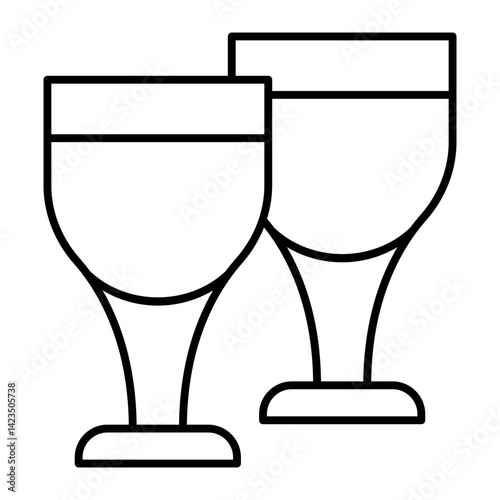Two wineglasses thin line icon, festive holiday concept. Vector graphics. Champagne glasses, drink sign on white background, linear style for mobile or design.