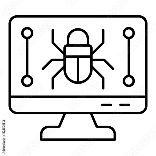 Monitor screen and bug thin line icon, hacker attacks concept. Vector graphics. Display with bug, computer virus sign on white background, linear style for mobile or design.