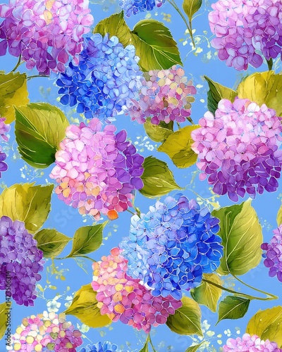 A repeating pattern of hydrangeas in watercolor style, featuring vibrant hues of blue, purple, and pink against a serene sky-blue background.
