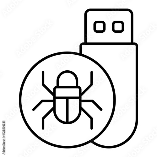 Flash drive with bug thin line icon, hacker attacks concept. Vector graphics. Hacker exploit, virus sign on white background, linear style for mobile or design.