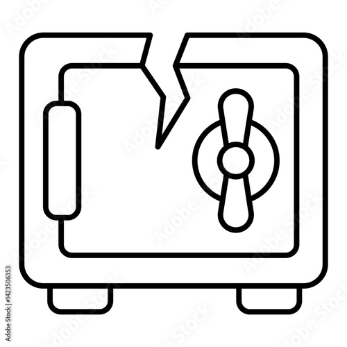 Unsecured safe with crack thin line icon, hacker attacks concept. Vector graphics. Safe with broken door, broken sign on white background, linear style for mobile or design.