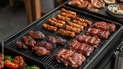 A dynamic image of a barbecue spread featuring various marinated meats, including chicken wings, beef kebabs, and pork ribs, ready for grilling.