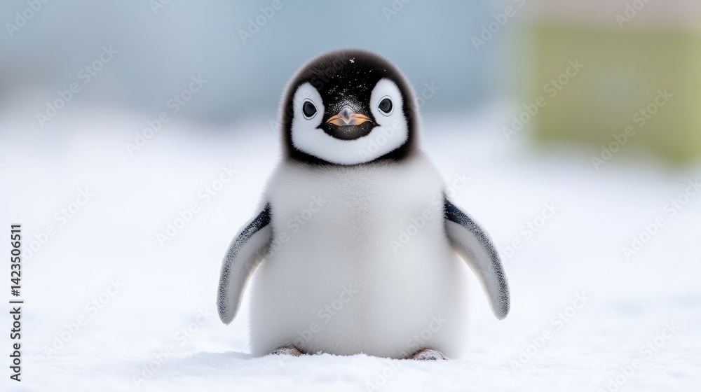 Fototapeta premium Adorable baby penguin in snowy landscape