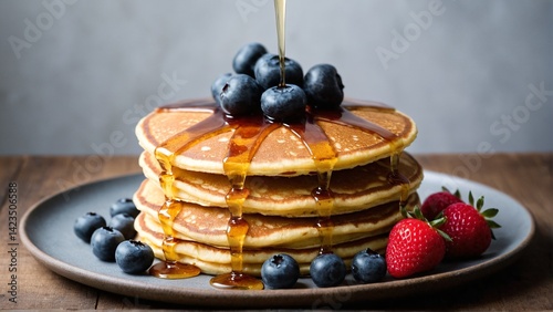 Wallpaper Mural Golden Cascade: Maple Syrup Drizzling Over a Stack of Fluffy Pancakes Adorned with Fresh Blueberries and Strawberries. Torontodigital.ca