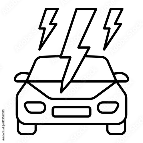 Lightning impact car vehicle thin line icon, insurance concept. Vector graphics. Automobile damage by lightning, vehicle sign on white background, linear style for mobile or design.