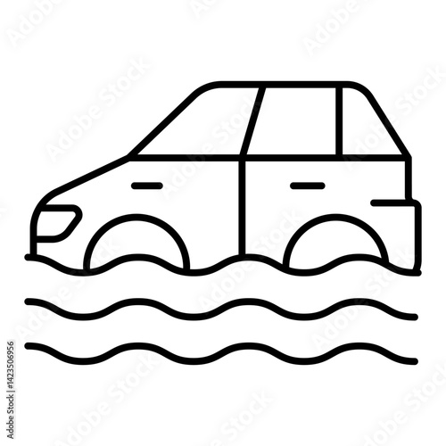 Water flooded car thin line icon, insurance concept. Vector graphics. Vehicle drowned, flood sign on white background, linear style for mobile or design.
