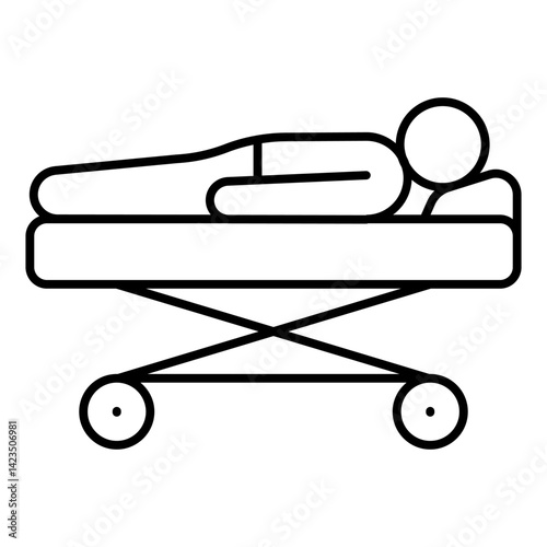 Hospital stretcher with man thin line icon, medical insurance concept. Vector graphics. Patient bed, human rescue sign on white background, linear style for mobile or design.