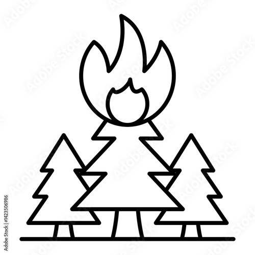 Forest trees in fire flames thin line icon, ecology insurance concept. Vector graphics. Fireplace at forest, wildfire sign on white background, linear style for mobile or design.