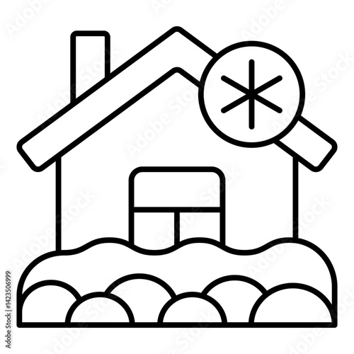 House covered with snow thin line icon, insurance concept. Vector graphics. Frozen building and snowflake, winter sign on white background, linear style for mobile or design.