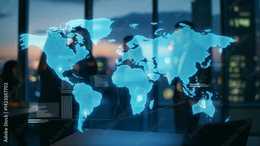 Ethereal blue world map hologram unifying global team in twilight boardroom Ethereal blue world map hologram unifying global team in twilight boardroom