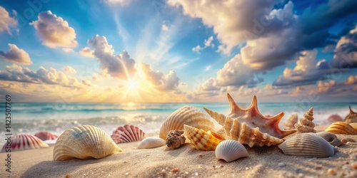 Surreal Seashells on Sandy Beach, Vibrant Blue Sky - Dreamlike Coastal Scene