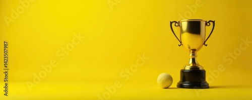 Close-up cricket equipment & golden trophy against bold yellow pop art backdrop, bright, cricket