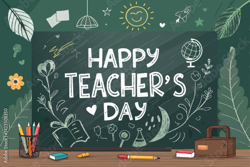 A detailed close-up shot of a blackboard with "Happy Teacher's Day" written in large, colorful chalk lettering, possibly with additional celebratory drawings in Chinese.