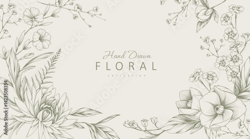 Background with detailed various flowers and foliage, intricate details and delicate forms. Hand drawn vector illustration with elegant botanical elements for invitation, save the date card