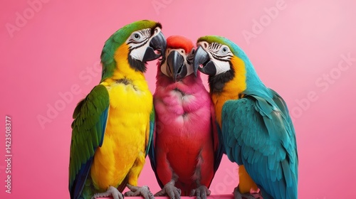 Colorful parrots are standing side by side against the vibrant pink backdrop