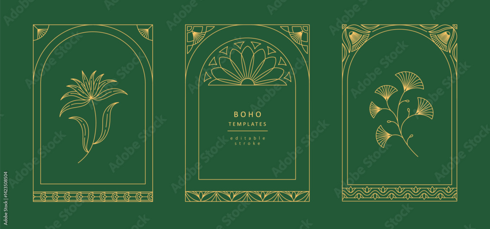 Fototapeta premium Frame or cover of boho geometric design elements. Simple corner, wreath and seamless borders for book covers print, social media and packaging or wedding greeting card. Vector illustration
