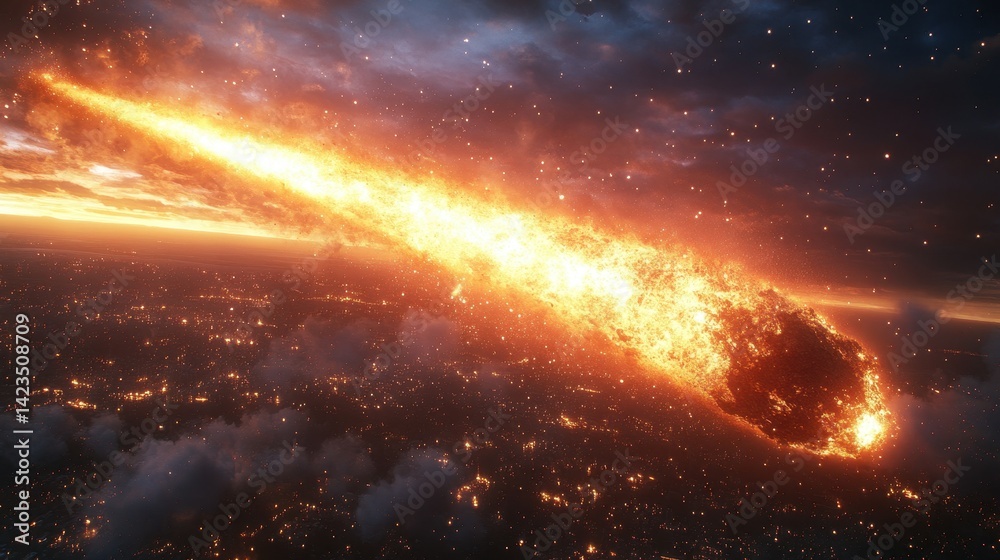 Fiery meteor hurtles towards a city below. Fiery meteor hurtles towards a city below.