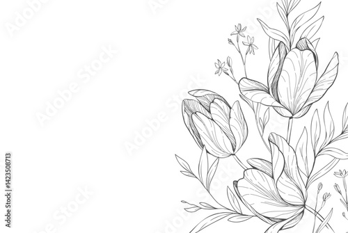 Floral bakground or wallpaper with bouquet of various tulip. Flowers and foliage for wedding invitation or wall art. Vector illustration. Luxury inked