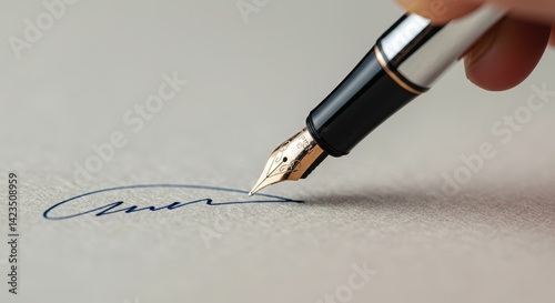 Close-up of fountain pen writing signature on paper