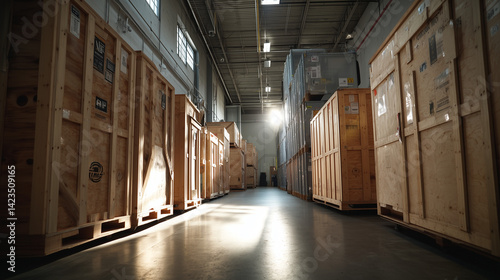 Wooden Shipping Crates in a Warehouse Storage Facility photo