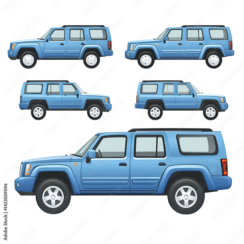 Five light blue su vs multiple views clean modern design automotive transportation stock photo Five light blue su vs multiple views clean modern design automotive transportation stock photo