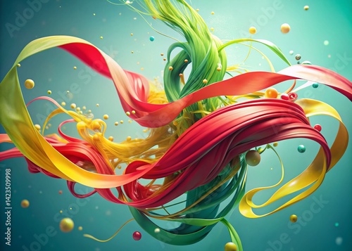 Surreal Abstract Art: Flowing Red Ribbons, Yellow Arcs, and Green Splashes on Light Blue