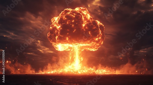Massive Nuclear Explosion Creates Towering Mushroom Cloud Against Dark Sky photo