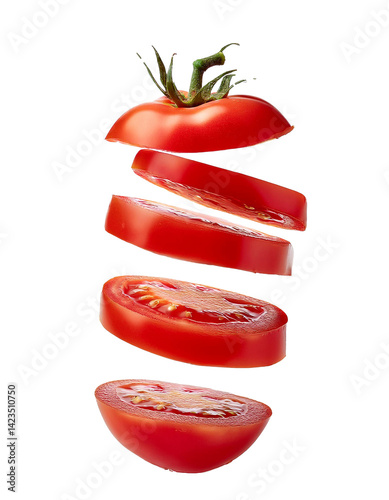 Sliced Tomato Floating on Transparent Background