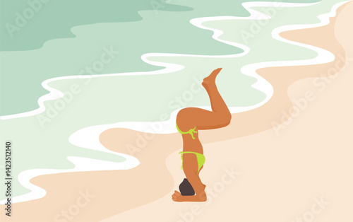 Flat vector illustration of young woman in swimsuit doing handstand yoga pose on the beach. Stylized sandy sea background in soft pastel tones with calm summer vibes.