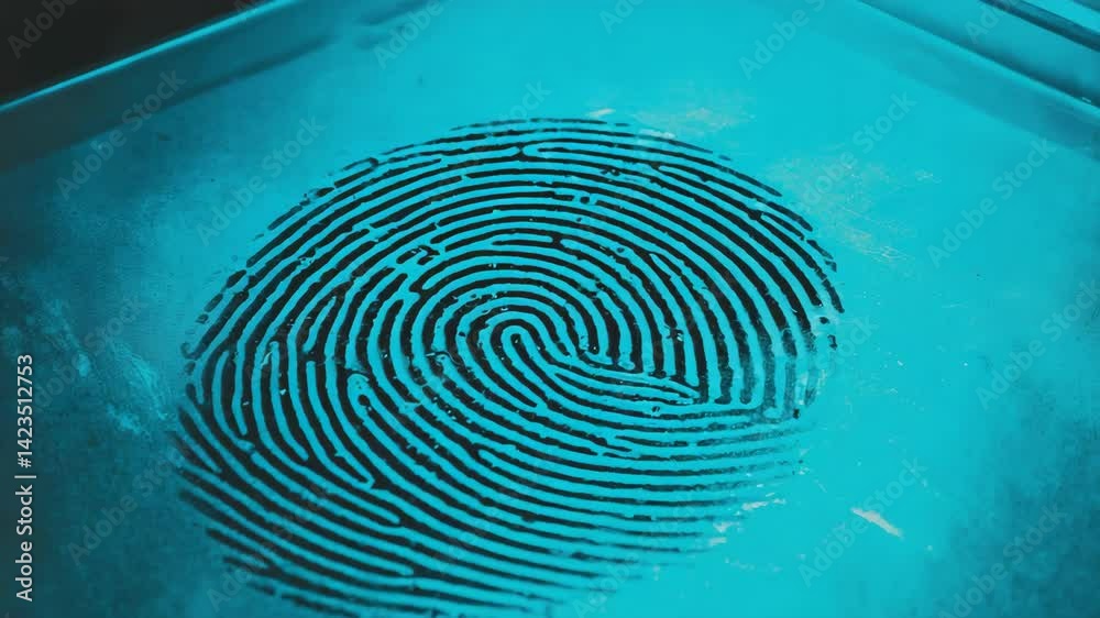 Close-up of a fingerprint on a glass surface illuminated with blue light, revealing unique patterns and lines, highlighting forensic identification.