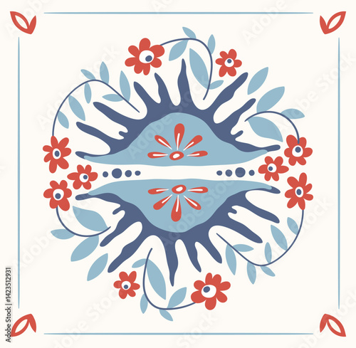 Folk hygge ready to use vector ocean print in Scandinavian style, folkloric isolated design on white. Composition with classic ethnic elements. Scandi folk motifs - sea animals, fishes and flowers