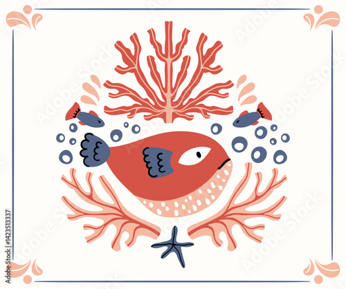 Folk hygge ready to use vector ocean print in Scandinavian style, folkloric isolated design on white. Composition with classic ethnic elements. Scandi folk motifs - sea animals, fishes and flowers