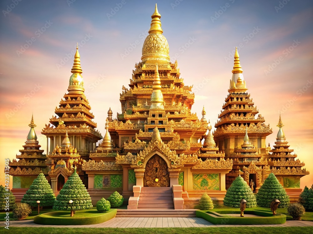 Fototapeta premium Stunning Wat Yansangwararam Temple in Thailand: Golden Pagoda and intricate details, serene landscape.