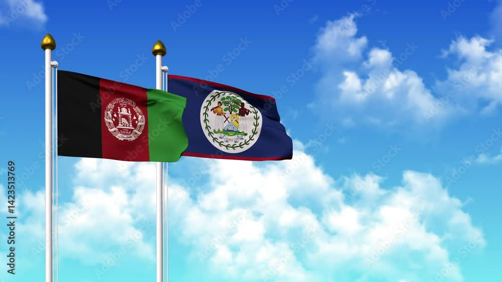Waving flags of AFGHANISTAN and BELIZE on pole included with alpha channel