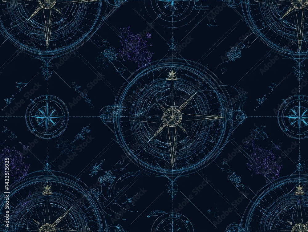 Fototapeta Nautical navigation design with compasses, maps, and celestial elements on a navy background, blending scientific precision and artistic appeal.