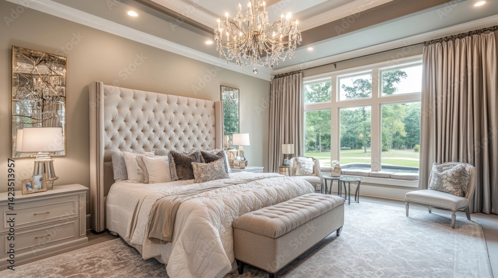 Fototapeta premium A luxurious bedroom with a plush king-size bed, silky linens, and a stylish chandelier hanging above, complemented by a chic sitting area and elegant furnishings.