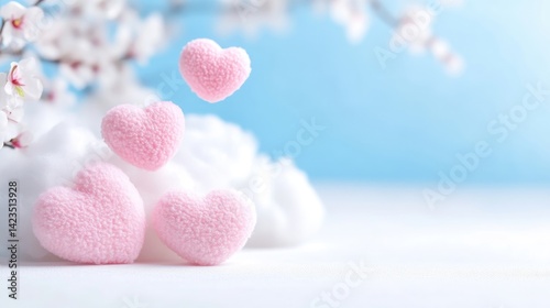 Pink hearts floating over soft clouds, against a light blue background with cherry blossoms