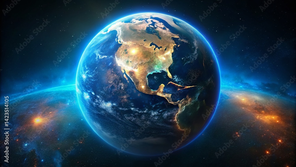 Stunning Night View of Planet Earth: Celestial Globe with Ocean and Landmasses Stunning Night View of Planet Earth: Celestial Globe with Ocean and Landmasses
