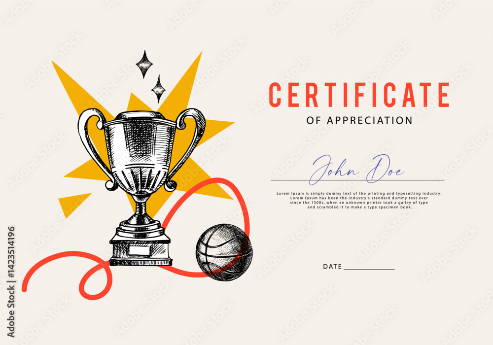 Fototapeta premium Certificate with sport trophy and game ball hand drawn in vintage sketch style. Celebration of athletic victory, motivation, and team spirit. Vector illustration.