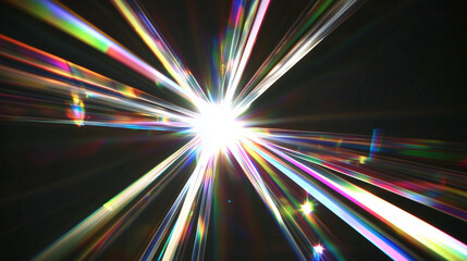 Abstract burst of light with radiant rainbow starburst effects on black background