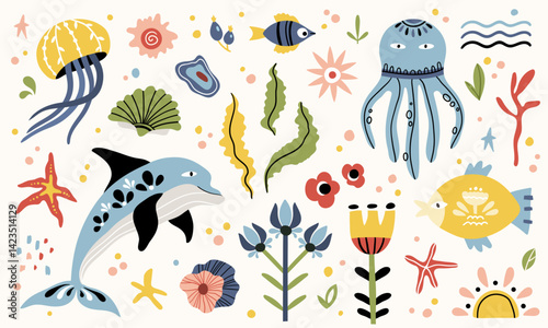 Folk hygge ocean clip arts, hand drawn vector set in Scandinavian Nordic style, isolated on white. Collection of classic ethnic elements. The scandi folk motifs - fishes, flowers, and sea animals