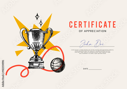 Certificate with sport trophy and game ball hand drawn in vintage sketch style. Celebration of athletic victory, motivation, and team spirit. Vector illustration.