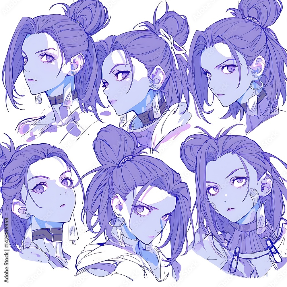 Multiple Sketches Of A Woman's Face In Pastel Colors And Simplified Style