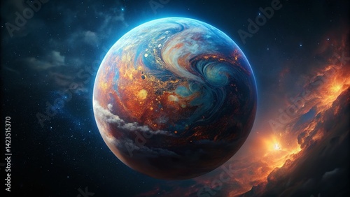 Stunning 3D Render of a Vibrant Planet in the Vastness of Space - Perfect for Sci-Fi and Astronomy Projects